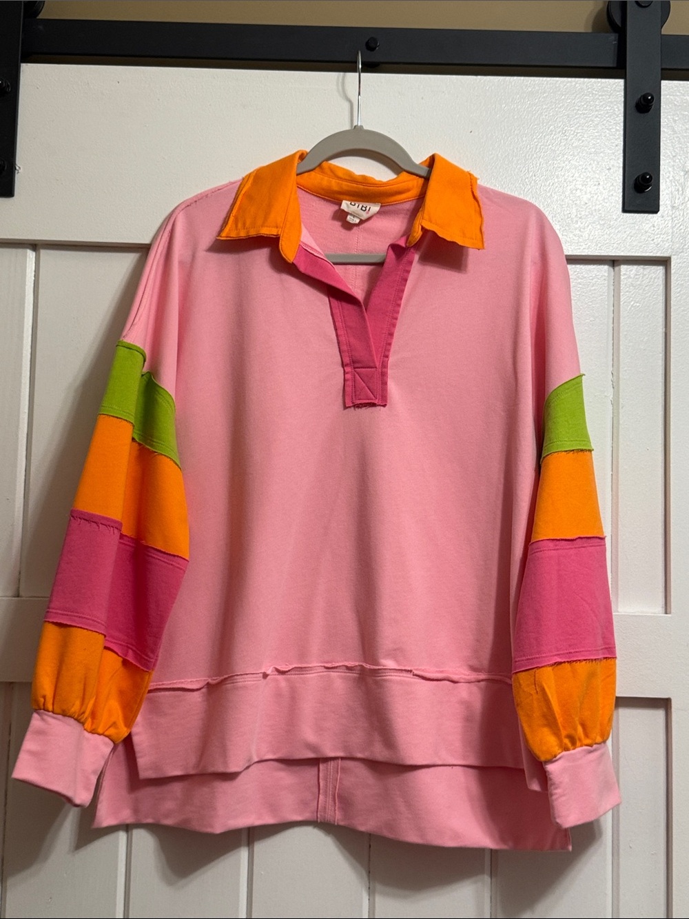 BiBi Pink Colorblock Pullover with Orange, Green and Hot Pink Accents